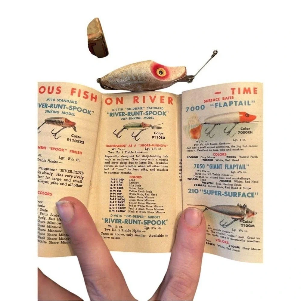 Heddon River-Runt-Spook Fishing Lure Vintage Sinking White Red With Box Catalog